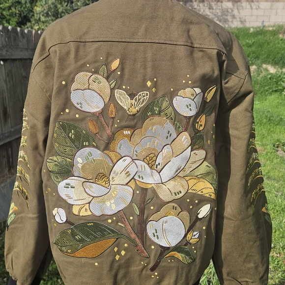 Embroidered Olive Bomber Jacket - Picture 4 of 12